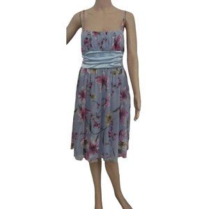 Fredericks Small Blue Pink Floral Ruched Bodice Dress belt cherry blossoms lily